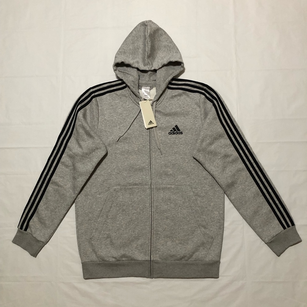 NWT Adidas Men’s Long Sleeve Essentials Fleece 3-Stripes Full-Zip Grey Hoodie L